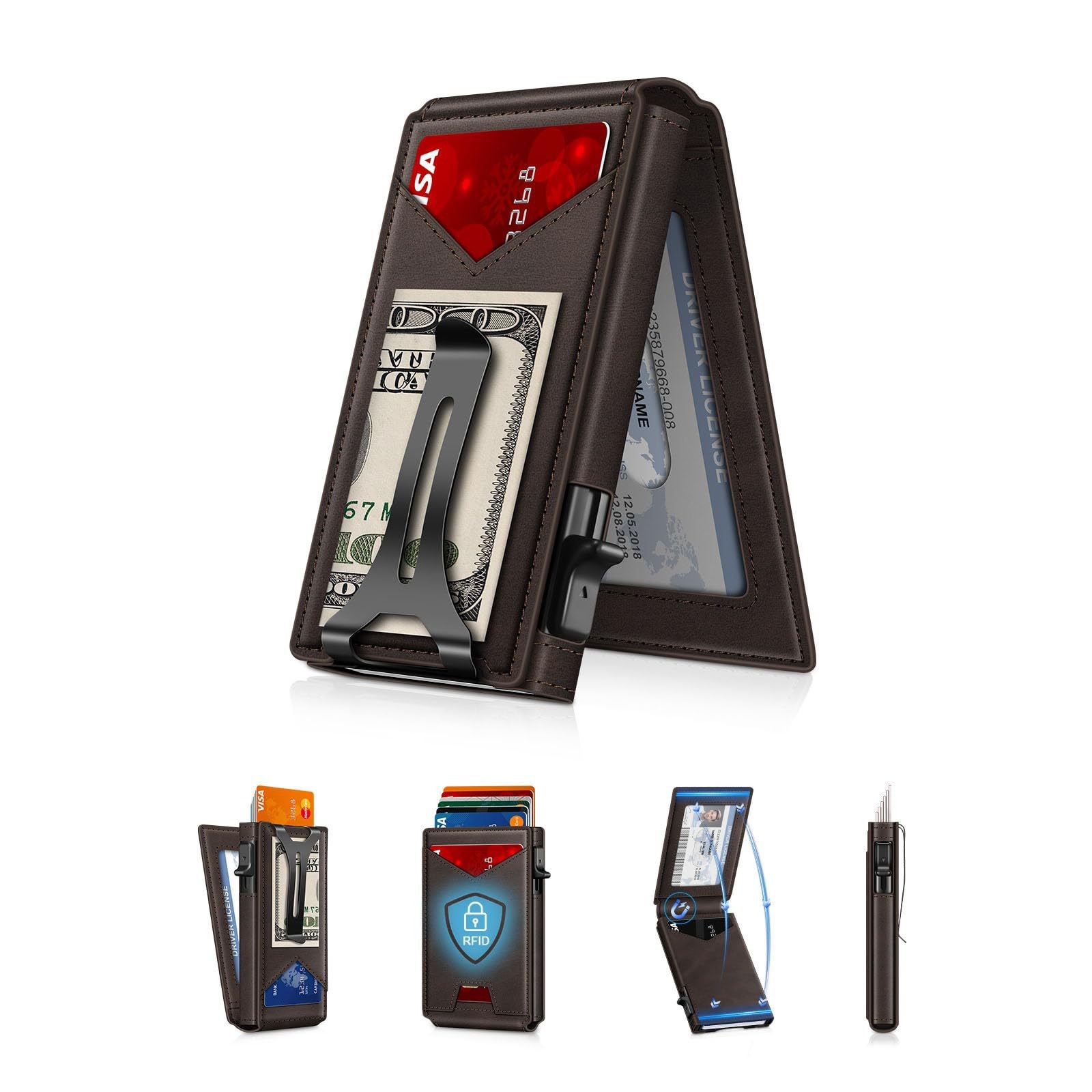 Personalizado doble plegable lateral tapa de flip bolsas de tarjetas metálicas RFID cepillo antirrobo cartera de cuero cartera multifuncional corta para hombres