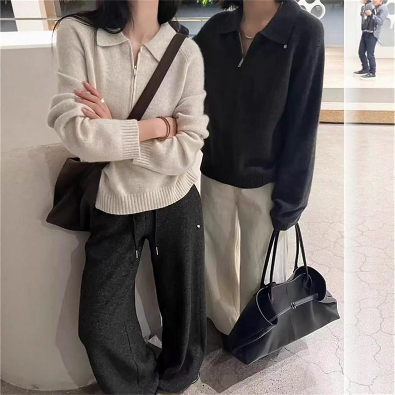 韩版polo领半拉链套头毛衣女秋冬季新 款休闲慵懒风 百花绒针织衫|undefined