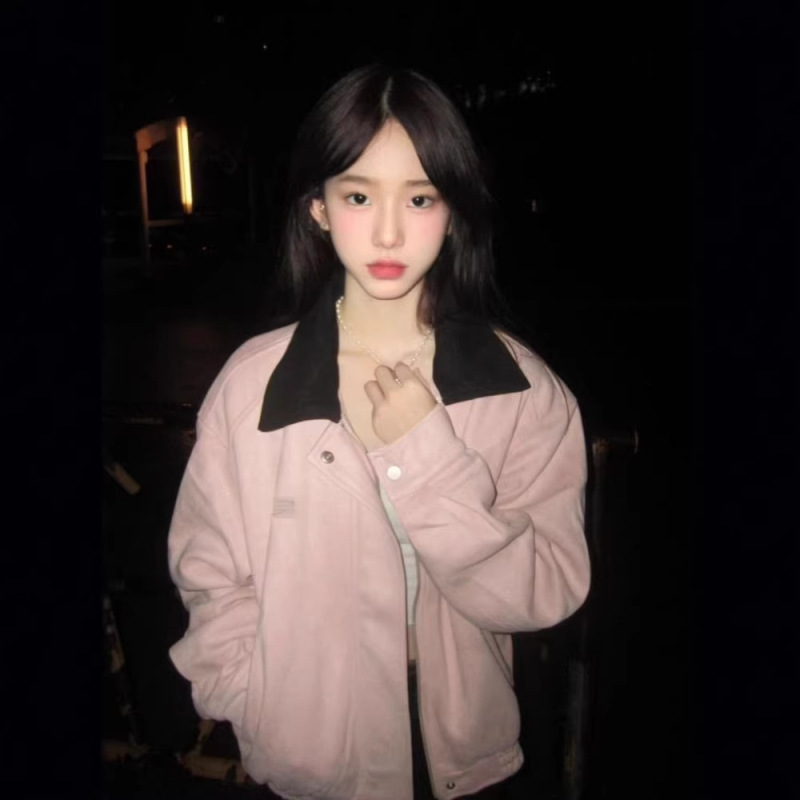 American Retro Pink Baseball Jacket for Women, Spring and Autumn, Petite Student Loose Casual Workwear Jacket
