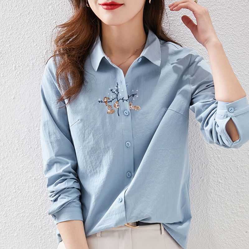 100% pure cotton white shirt women's high-grade 2024 Spring and Autumn New embroidered long sleeve fashionable western style all-match shirt Women