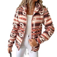 2025欧美跨境新款时尚休闲女装宽松几何图案印花连帽拉链大码外套