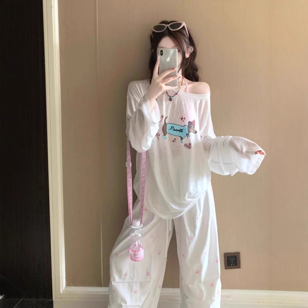 [자신의 공장 재고] 만화 자외선 차단제 긴팔 여성용 티셔츠 이른 가을 느슨한 어깨 튤 블라우스 탑