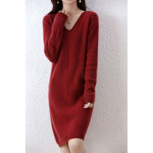 V领打底长袖针织羊毛连衣裙2022新款中长款宽松百搭毛衣裙子