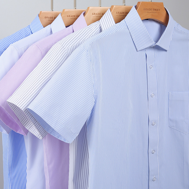 New Summer Men's Striped Short-sleeved Shirt Middle-aged Business Slim-fit Tooling Blue Shirt Men's Professional Work Clothes