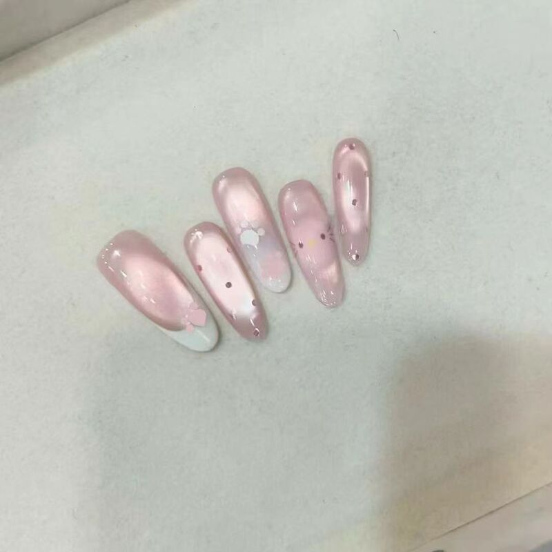 Cat paw polka dot cute press-on nails, light green French long oval, flattering and high-end beauty false nail patches, cross-border