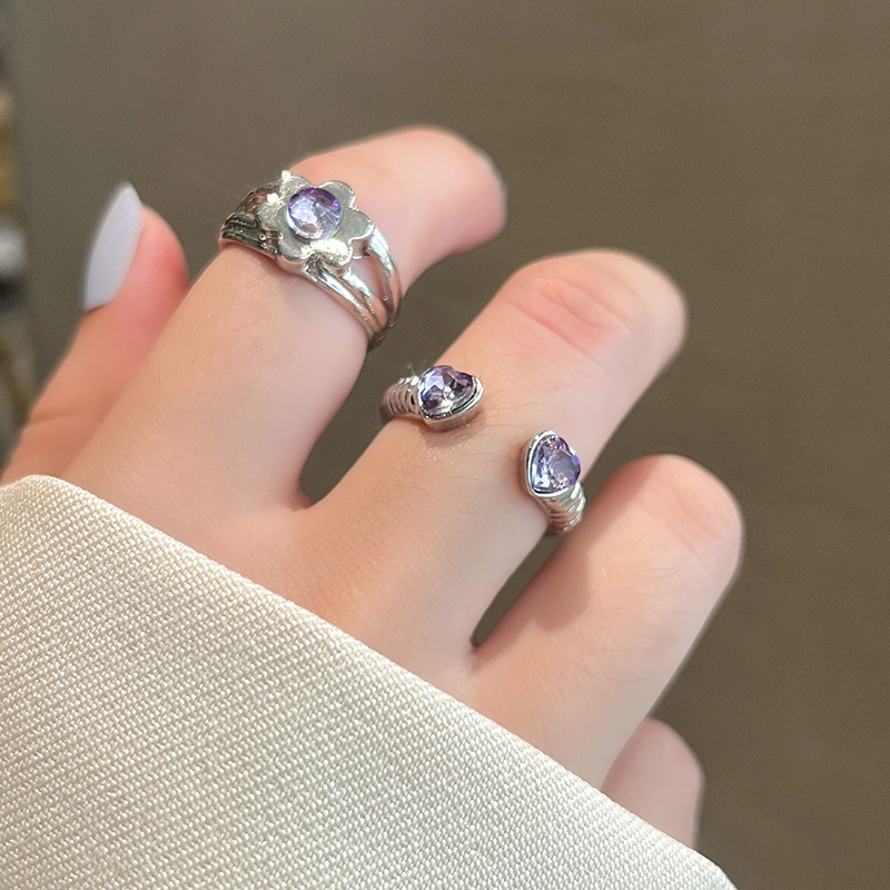 Fashion Heart Shape Silver Plated Metal Crystal Open Ring