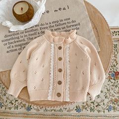 2023 Autumn Infant and Toddler Girls Sweet Betta Lace Cardigan Hollow Fungus Collar Lace Knitted Jacket