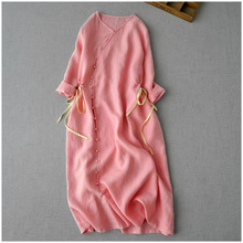 外贸原单出口大牌剪标新中式改良旗袍裙棉麻系带收腰亚麻连衣裙夏