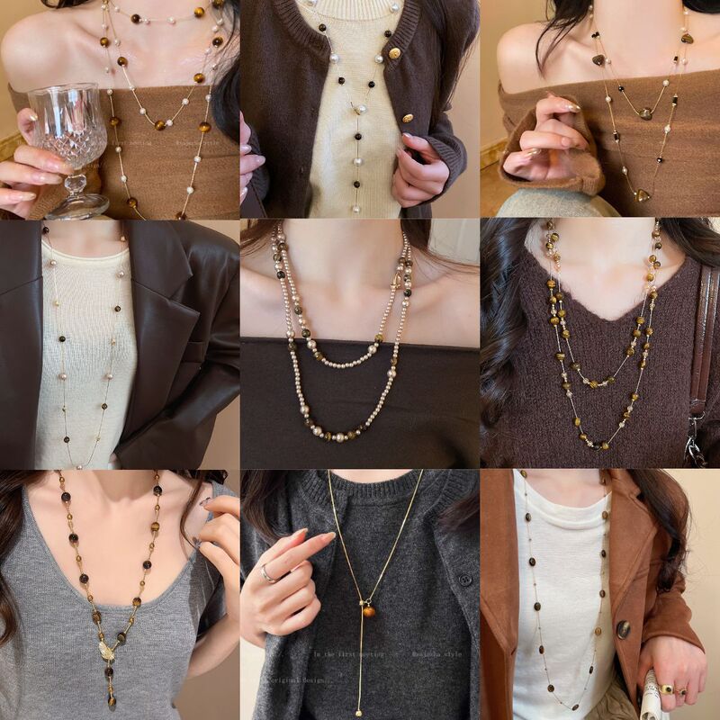Maillard Tiger Eye Stone Pearl Beaded Stacked Necklace Fashionable Long Sweater Chain Accessible Luxury High-End Jewelry
