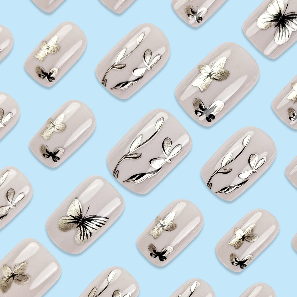 Butterfly Encounters Flower Fashion Wear Armor 24 piezas de uñas de uñas blancas Parche de uñas de temperamento simple image 5