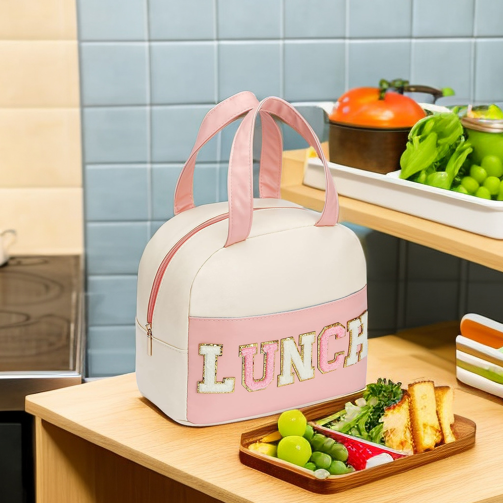 PU刺绣字母午餐包 多功能手提保温袋便当包 防水保鲜饭盒袋学生用