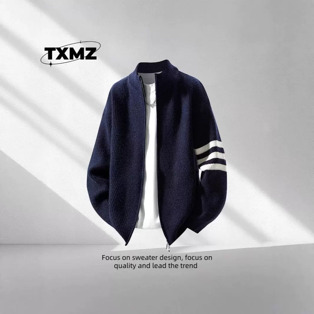 秋冬新款条纹针织毛衣男士慵懒风线衣外套宽松开衫外套高版本