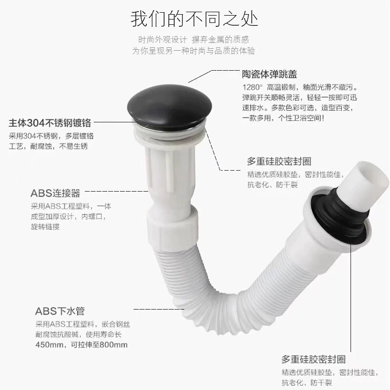 Integrated anti-odor corrugated hose, retractable sewer, washing machine drain pipe, under the countertop sink, basin