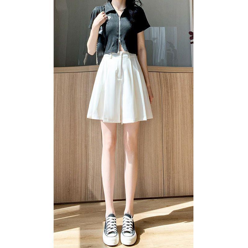 High-waisted Suit Shorts for Women, Loose 2024 Summer New Korean Style Slit Casual Culottes, Versatile A-line Wide-leg Pants