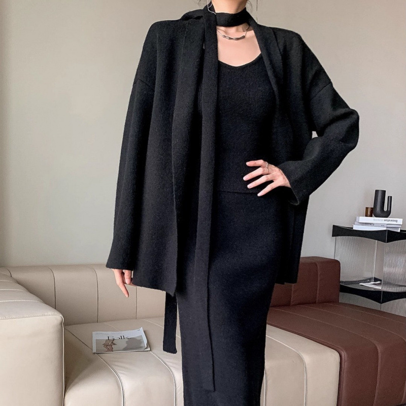 外贸高端针织毛衣三件套女2025秋冬新款坑条开衫背心阔腿裤套装|undefined
