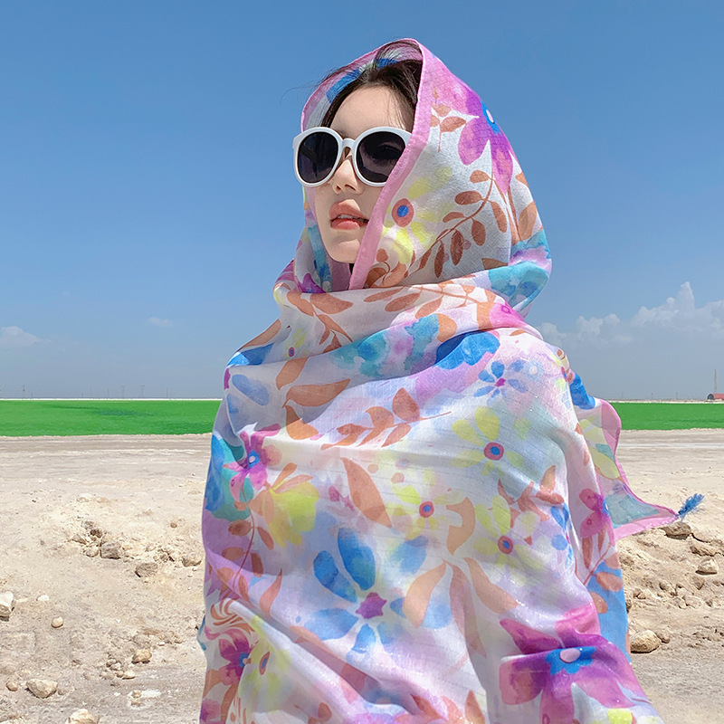2023 nuevo viaje protector solar Toalla de playa moda hermoso colorido pétalos exterior chal mujeres verano bufanda delgada