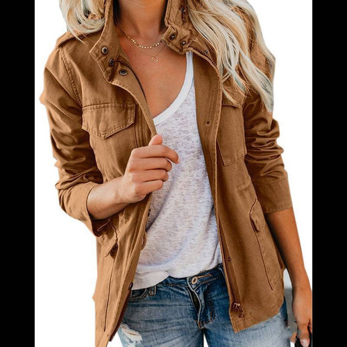 Cross-border foreign spring and autumn slim and fashionable trendy people solid color loose zipper multi-pocket jacket women's jacket W156