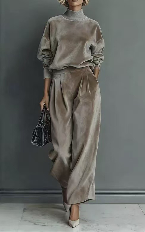 Damen Strick Zweiteiler Set Langarm Oberteil Und Weite Hose_voghion.com