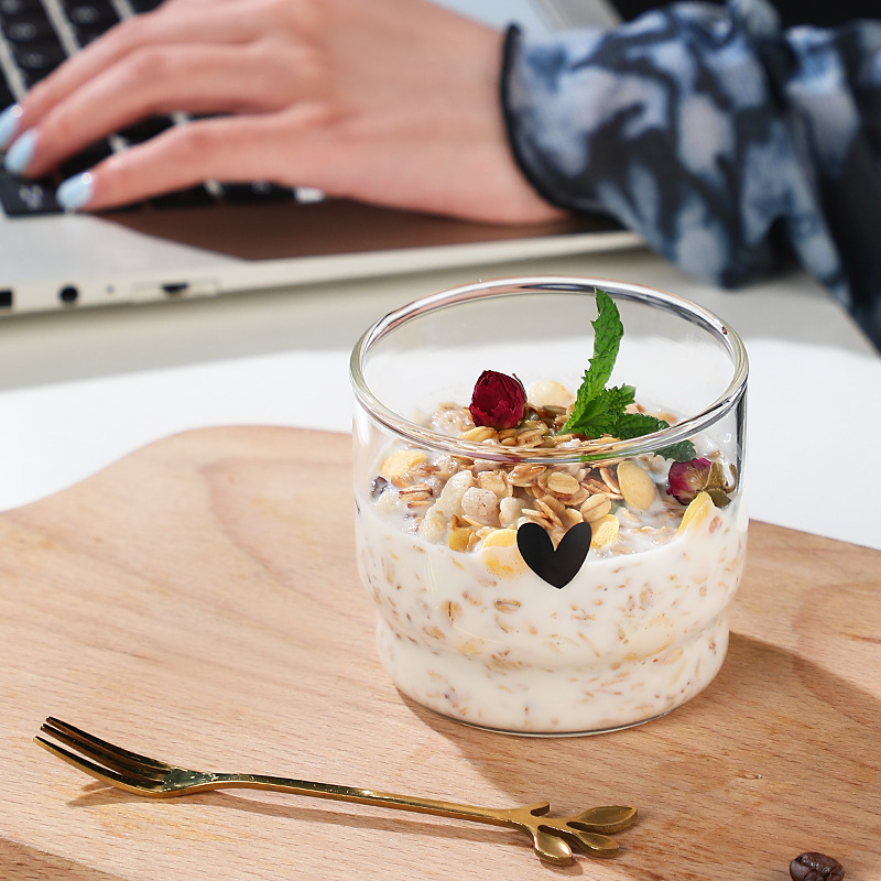 Handmade heat-resistant glass coffee milk cup, stackable smiling face love glass cup, drink pudding bowl, cute small bowl