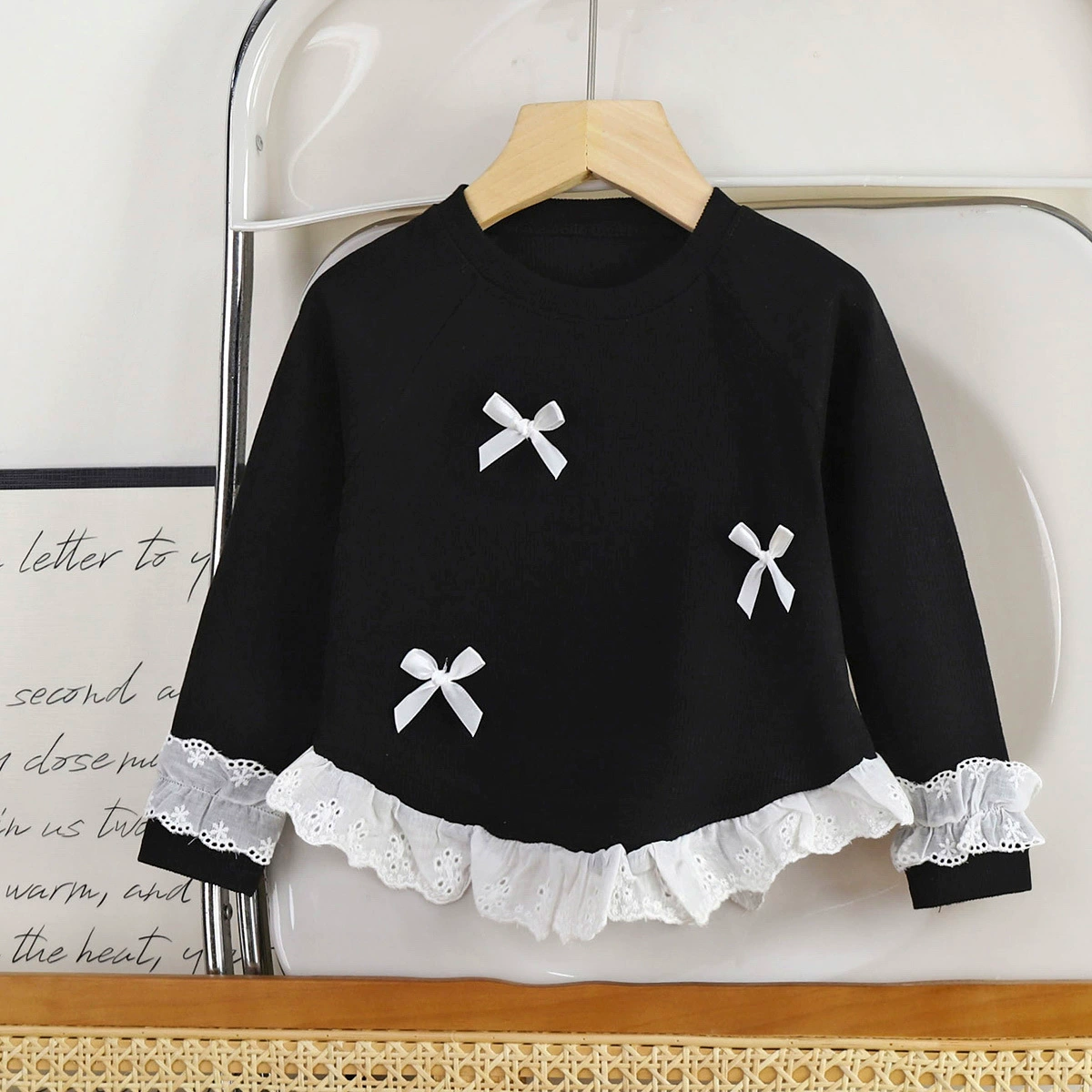 Children's Long-Sleeve Top, Korean-Western Style, Bow & Lace Trim — Autumn Sizes 80–150 cm