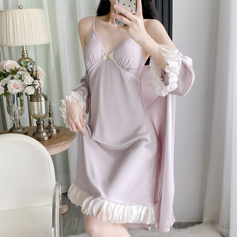 Petal Strap Nightgown Two-Piece Set Summer Ice Silk Cardigan Sexy V-Neck Pearl Tank Top Dress Women's Loungewear