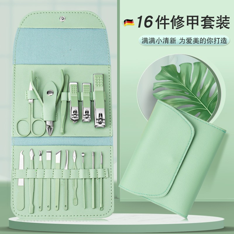 Nail scissors available in stock starting with single piece, green foldable package consisting of 16-piece nail scissors set, complete manicure set, manicure tool kit.