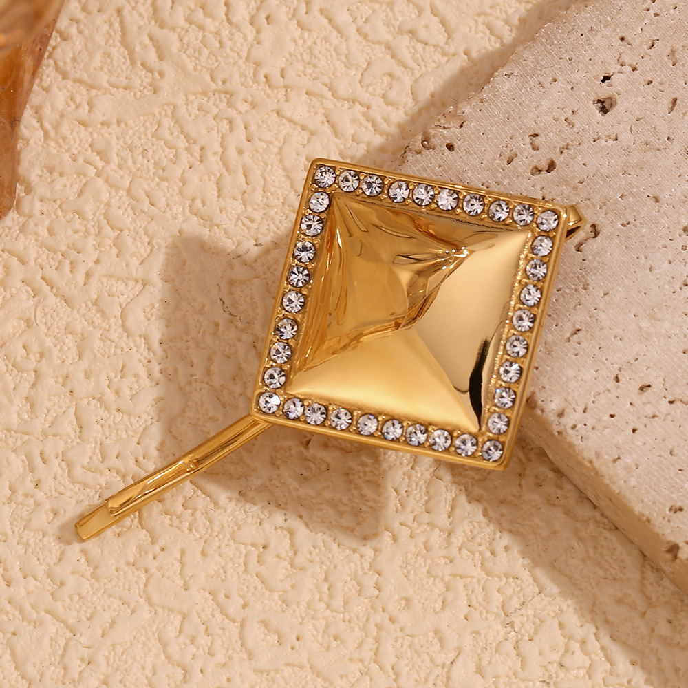 Unisex Mode einfache geometrische Design Haarschmuck Edelstahl vergoldet glatte quadratische Kante Diamant Haarnadel_voghion.com