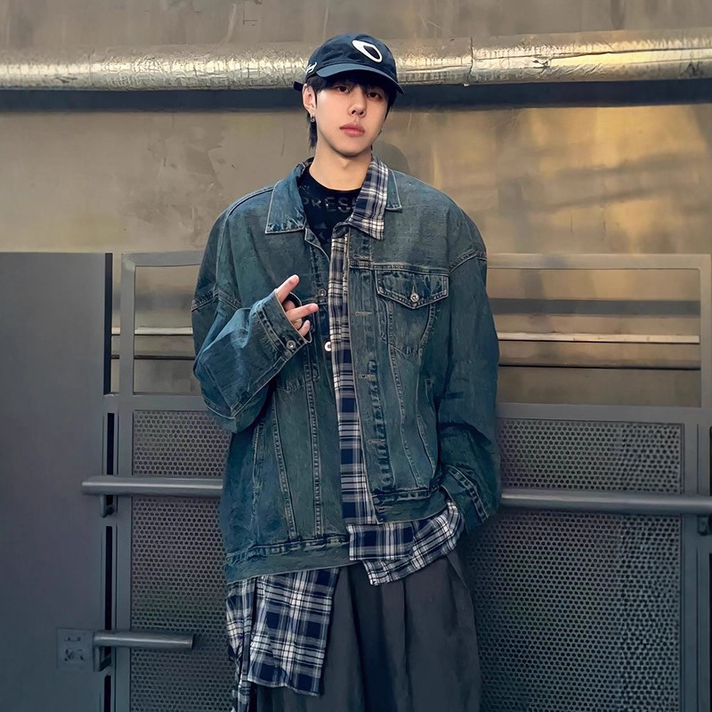 格子衬衫拼接假两件牛仔外套男高级感痞帅小众设计感美式高街夹克
