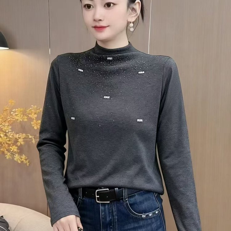 一件代发直播爆款2025秋季新款时尚半高领烫钻长袖打底衫上衣女装|undefined