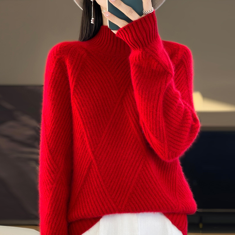 New Year battle clothes women's wool sweater thickened half turtleneck pullover red cashmere sweater bottoming shirt wholesale