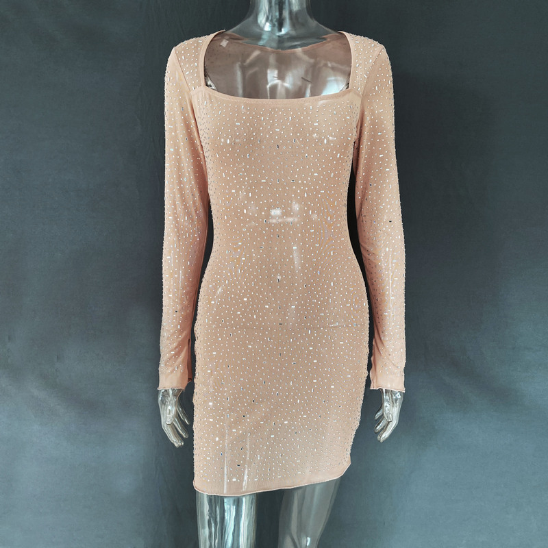 Cross-Border Amazon Aliexpress Popular Autumn and Winter Women's Sequined Hot Diamond Sexy Semi-See-Through Long-Sleeved Short Dress Cross-Border Amazon Aliexpress Popular Autumn and Winter Women's Sequined Hot Diamond Sexy Semi-See-Through Long-Sleeved Short Dress