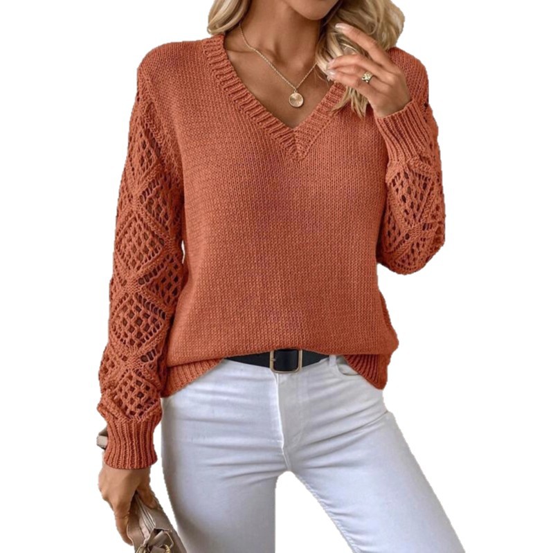 Amazon primavera y otoño camiseta de punto Europa y Estados Unidos comercio exterior transfronterizo temperamento de mujer cuello en V hueco manga larga camiseta de punto de color sólido