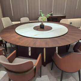 酒店电动大圆桌餐桌饭店包厢会所全实木新中式岩板转盘15人20人