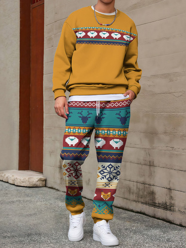 Hot bohemian style independent station cross-border men's fashion brand trend fashionable round collar long-sleeved sweater pants set