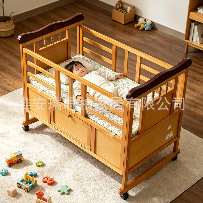 Solid Wood Baby Crib, Multifunctional, Movable, with Storage, Newborn Baby Cradle Bed, Manufacturer Wholesale, Cross-Border