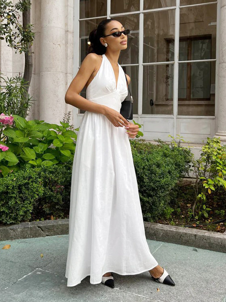 Đầm liền dáng dài 100% cotton cổ chữ V thắt eo buộc dây vạt xòe rộng — Màu mơ, Màu trắng, Màu xanh da trời, Màu xanh lá chi tiết 21