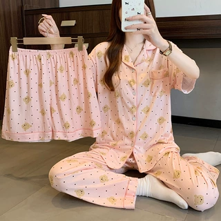 可爱波点小熊粉萌皱皱布软糯睡衣女士居家服春夏季短袖三件套批发