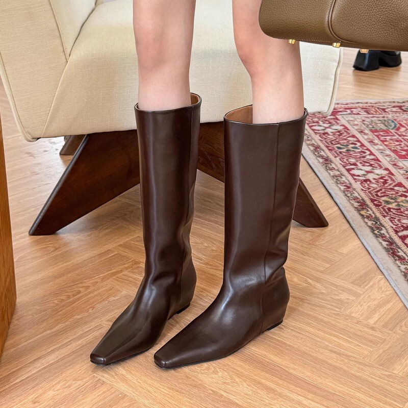Cowhide Version~European and American Style Square-Toe Straight-Leg Long Boots for Women, Pointed-Toe Wedge Heel Genuine Leather Riding Boots with Hidden Height Increase and Wide Shaft Cowhide Version~European and American Style Square-Toe Straight-Leg Long Boots for Women, Pointed-Toe Wedge Heel Genuine Leather Riding Boots with Hidden Height Increase and Wide Shaft