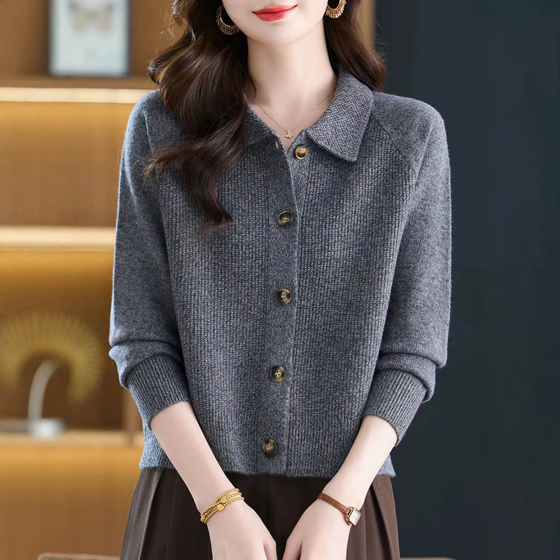 Polo collar faux cashmere cardigan jacket for women, 26 spring/autumn new style, outerwear sweater, slim fit, elegant knit top Polo collar faux cashmere cardigan jacket for women, 26 spring/autumn new style, outerwear sweater, slim fit, elegant knit top