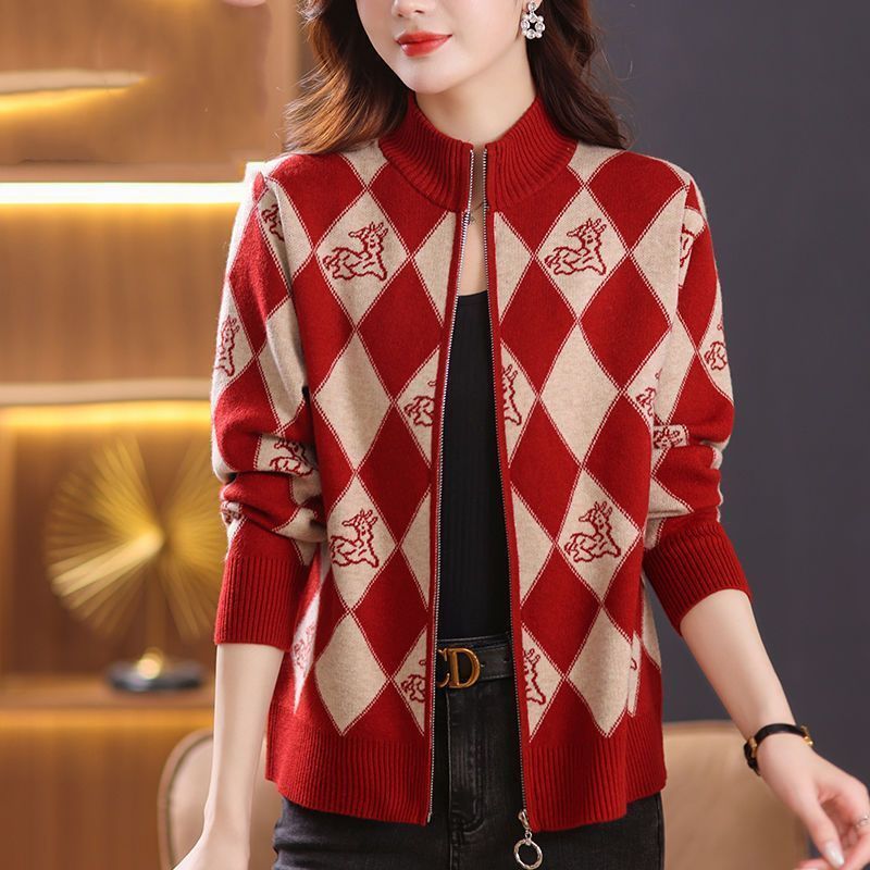 女士新款中老年针织开衫2023年春秋新款立领宽松大码拉链毛衣外套