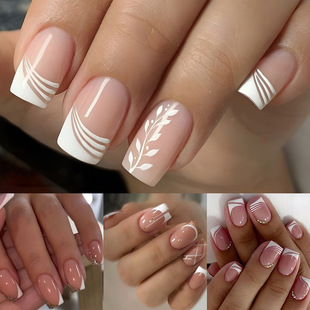2025 New Cross-Border Dropshipping 96 Pieces (Pack of 4) White French Fake Nail Stickers (Short Cross-Border