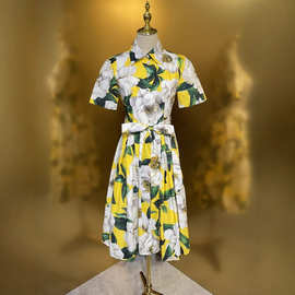 黄底栀子花棉布连衣裙女夏短袖翻领纽扣收腰显瘦大摆裙度假甜美风