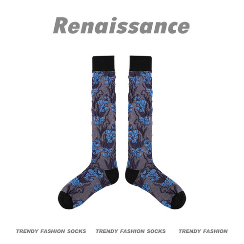 Renaissance original women's socks retro mid-length socks three-dimensional relief calf socks contrasting color slimming knee-high socks for women