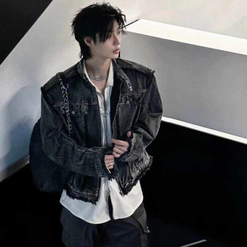 American Retro High-End Shoulder-Padded Denim Jacket Men's Spring & Fall High Street Washed Cleanfit Short Jacket Top