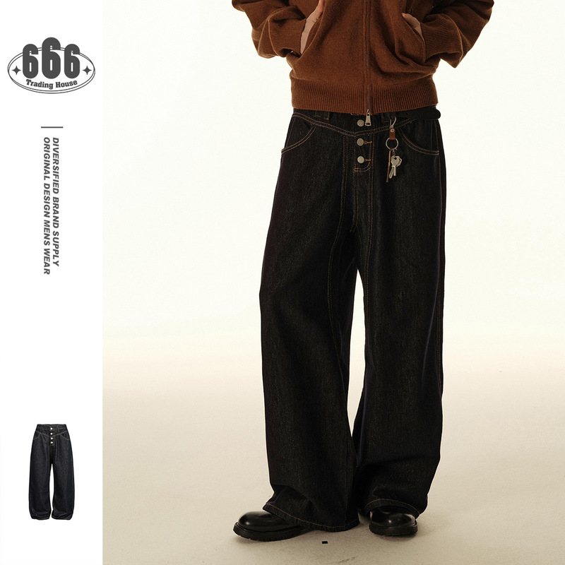 OUSWE アメリカンレトロブレストブラックジーンズメンズストレートワイドレッグパンツトレンディな紳士服 RK149|undefined