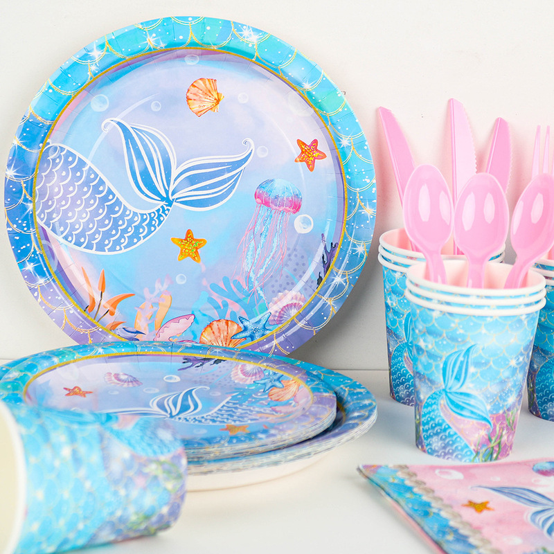 Mermaid Themed Birthday Party Set Supplies Tablecloth Pennant Disposable Plates Paper Cups Knife Fork Spoon Tabletop