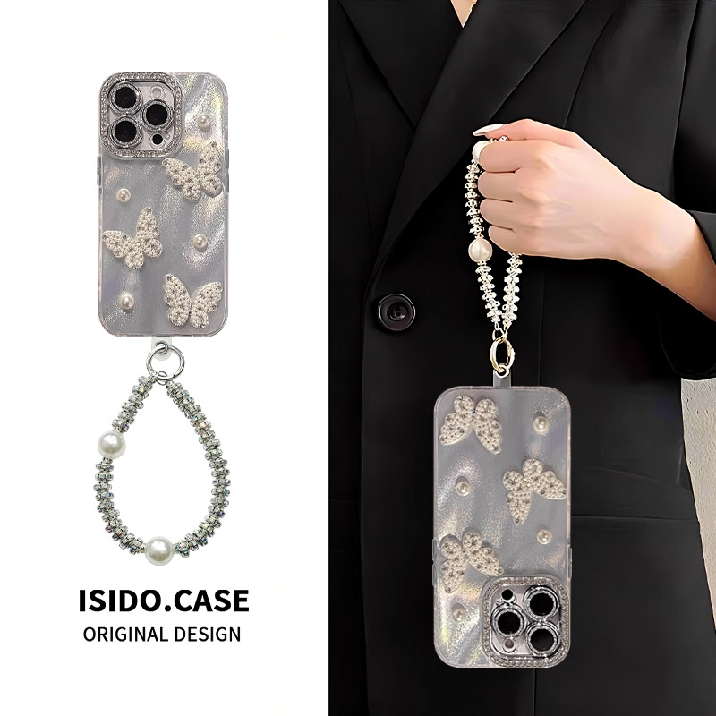 Ligero lujo ins tridimensional perla mariposa aplicable iphone15 funda para teléfono móvil 13/14 Apple 16ProMax pulsera mujer
