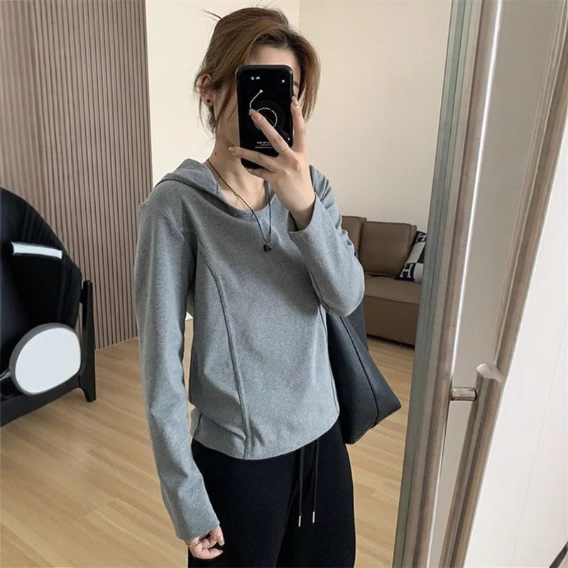 Spring and Autumn Grey Hooded Long-sleeved T-shirt Women's 2025 New Explosions Loose Slimming Casual Inner Base Shirt Top