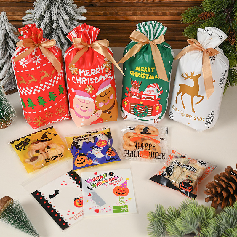 クロスボーダーアマゾンクリスマス巾着袋リボン巾着袋ギフトバック礼袋クッキー自己粘着袋キャンディー包装袋|undefined