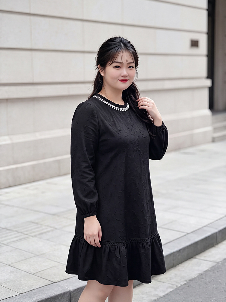 65-160kg Plus Size Women's French-Style Elegant Little Black Dress for Spring and Autumn, Beaded Knit Dress for Slightly Plump Women 65-160kg Plus Size Women's French-Style Elegant Little Black Dress for Spring and Autumn, Beaded Knit Dress for Slightly Plump Women